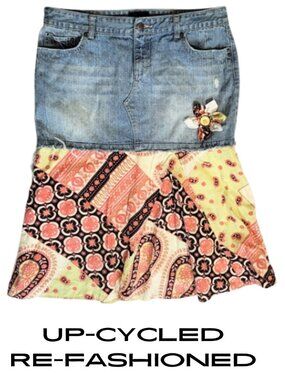 AEROPOSTALE Upcycled Floral Paisley Below Knee Jean Skirt - Women's Size 9